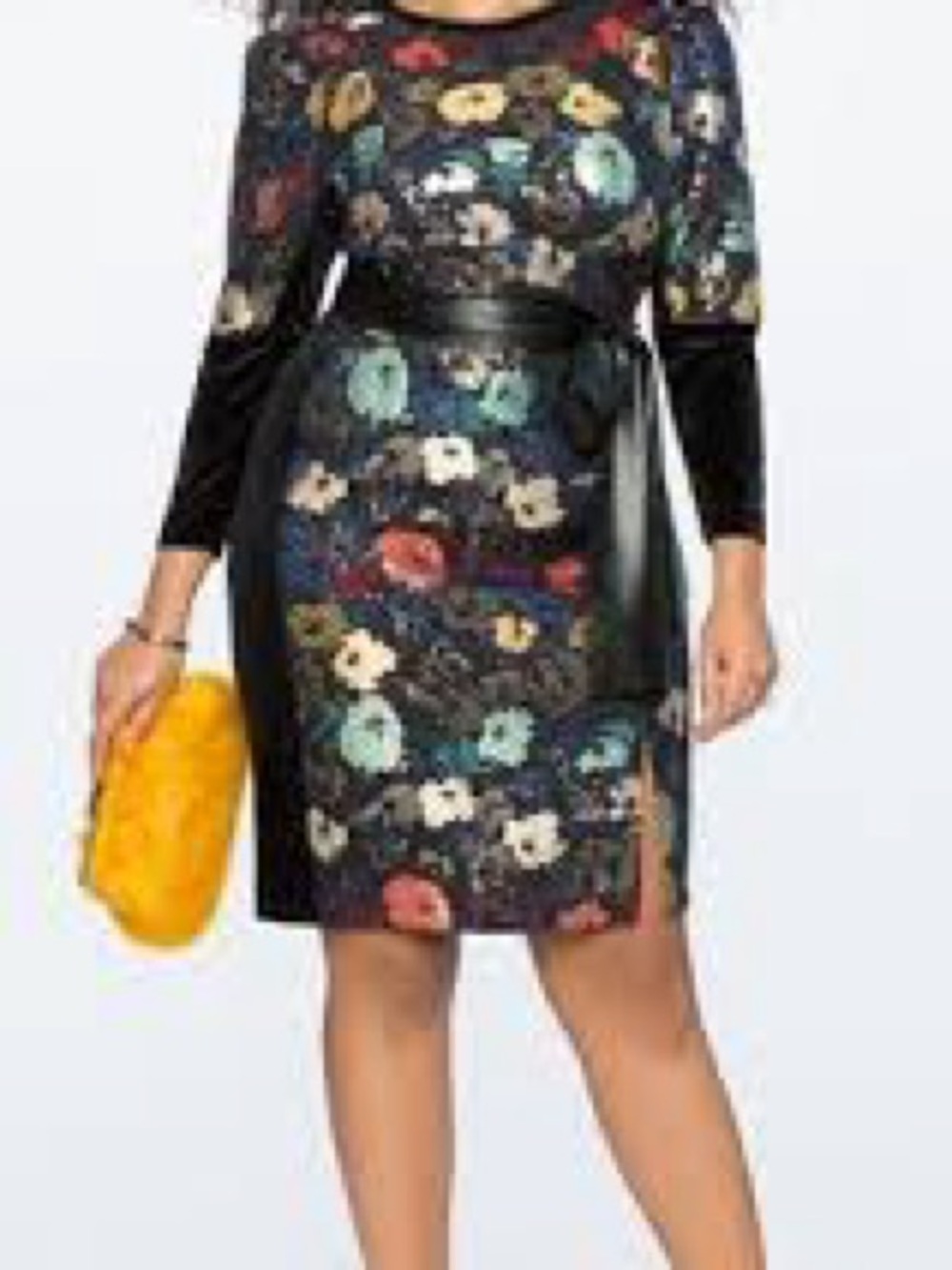 Eloquii Black Floral Sheath Dress with Faux-Leather Panels